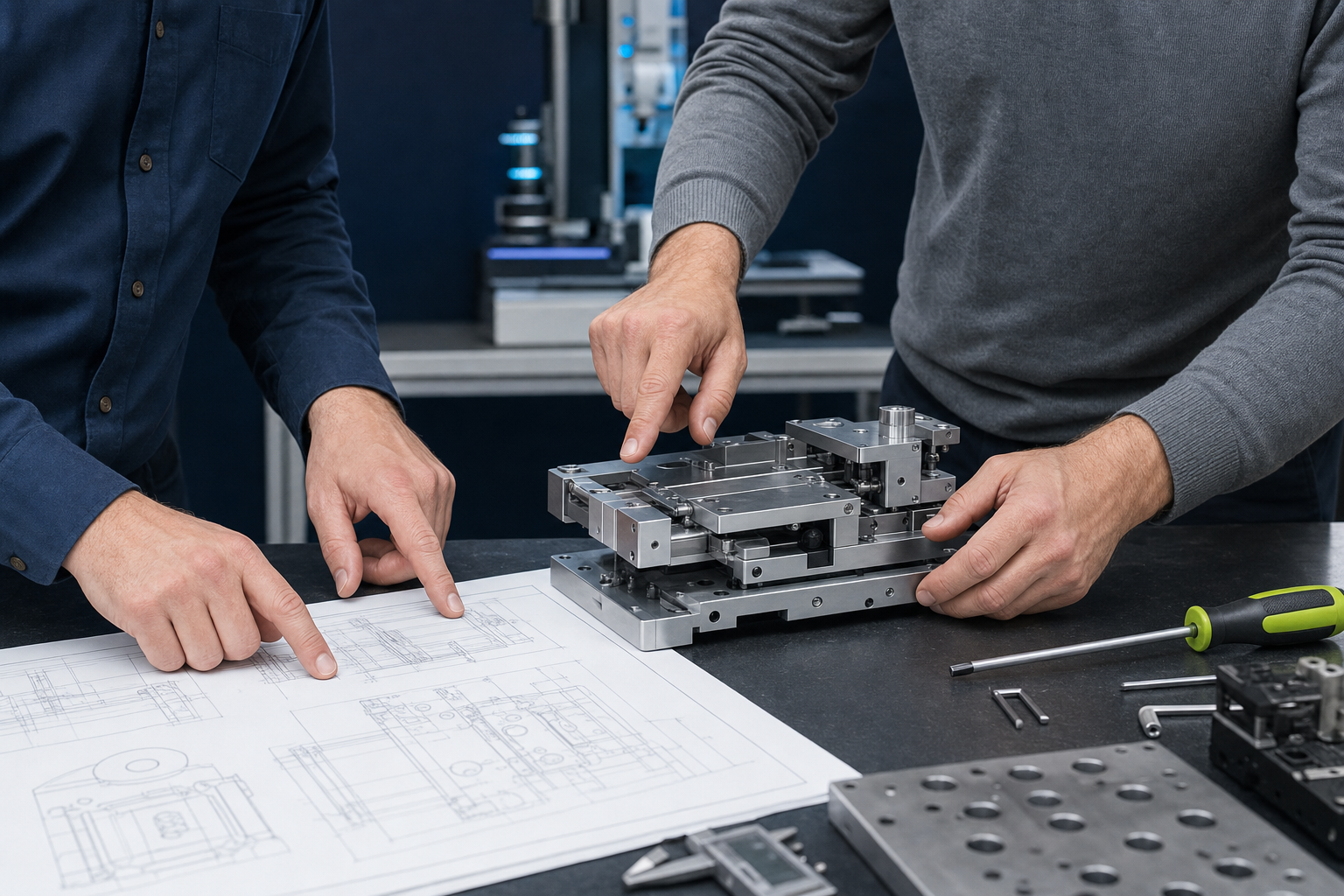 Engineers reviewing a mechanical drawing and precision fixture