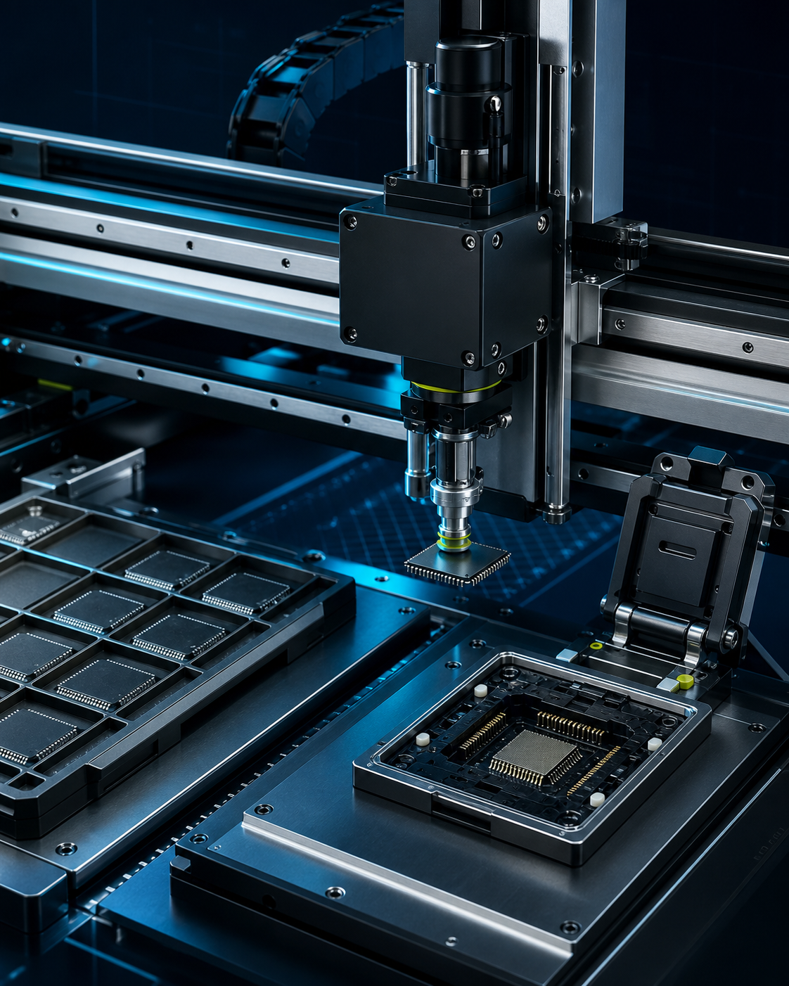Precision pick-and-place mechanism inside a semiconductor test handler